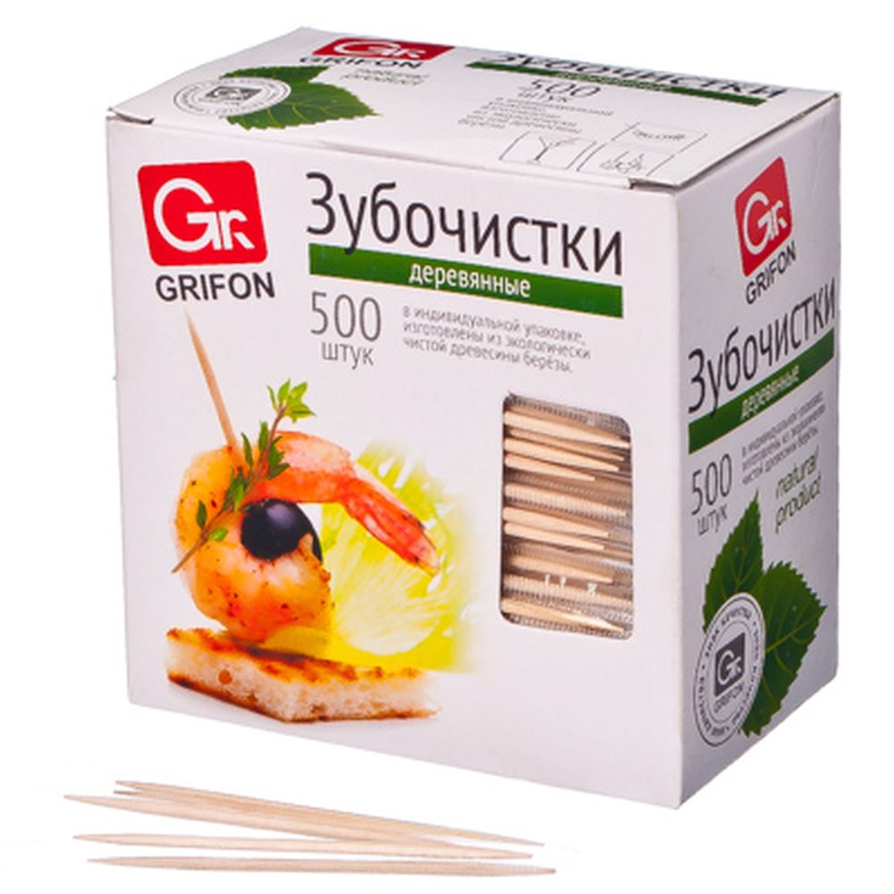 GRIFON Зубочистки из дерева 500шт, в индивидуальной п/э упаковке, 400-512