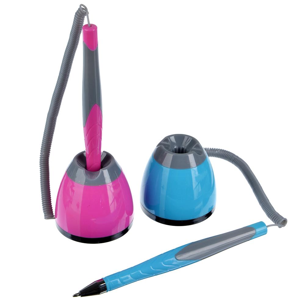 Ручка шариковая настольная синяя, на шнурке, с липучкой, 2 цвета корпуса, в пакете