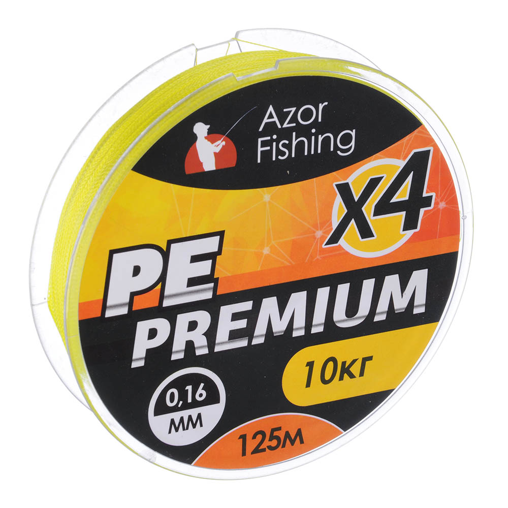 AZOR FISHING Леска плетеная, PE Премиум 4 нити, 125м, желтая, 0,16мм, нагрузка 10кг