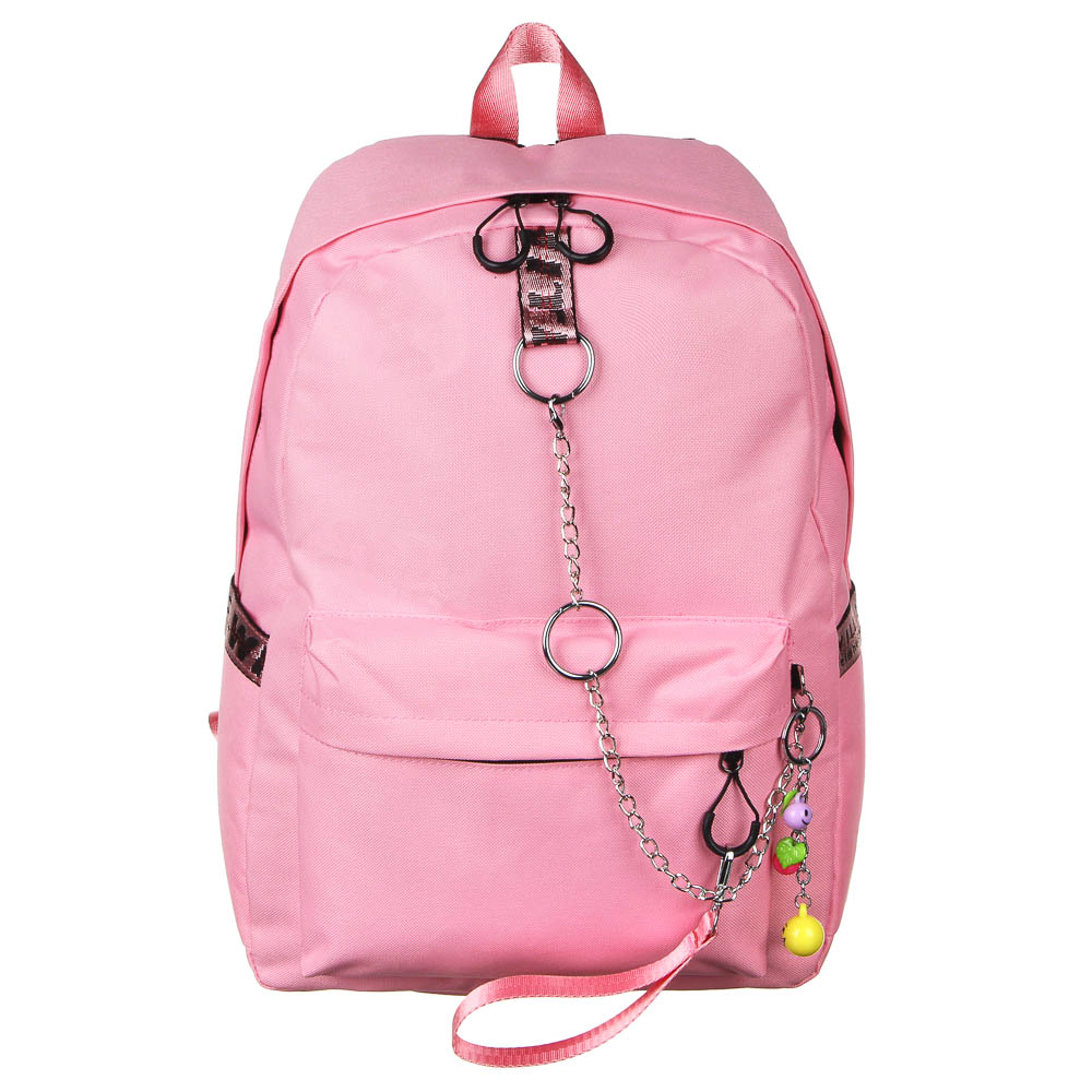 Рюкзак подростковый, 43,5x29x13см, ПЭ, 1 отделение, 3 кармана, брелок, металлические цепи, розовый