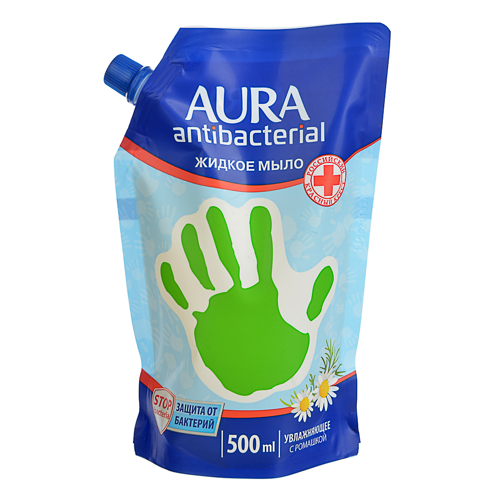 Мыло жидкое AURA с антибактериальным эффектом, ромашка, 500мл, дой-пак