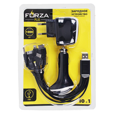 FORZA Зарядное устройство USB универсальное 10 в 1, с Авто З.У и С.З,У 1000МА, 17x11см